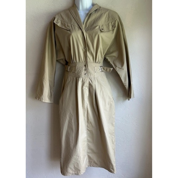 Sunshine Starshine Dresses & Skirts - Vintage 80s Khaki Trench Midi Shirt Dress 10 Equestrian Old Money Minimalist